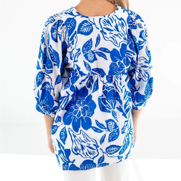 J. Marie Laken Puff Sleeve Tunic Blue White Floral Size Small - Picture 9 of 9
